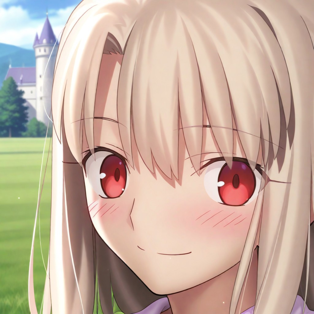 masterpiece, best quality, amazing quality, very aesthetic, absurdres, 1girl, 
Takeuchi takashi, illyasviel von einzbern, fate stay/night, red eyes, portrait, happy, blush, child, castle, looking at viewer