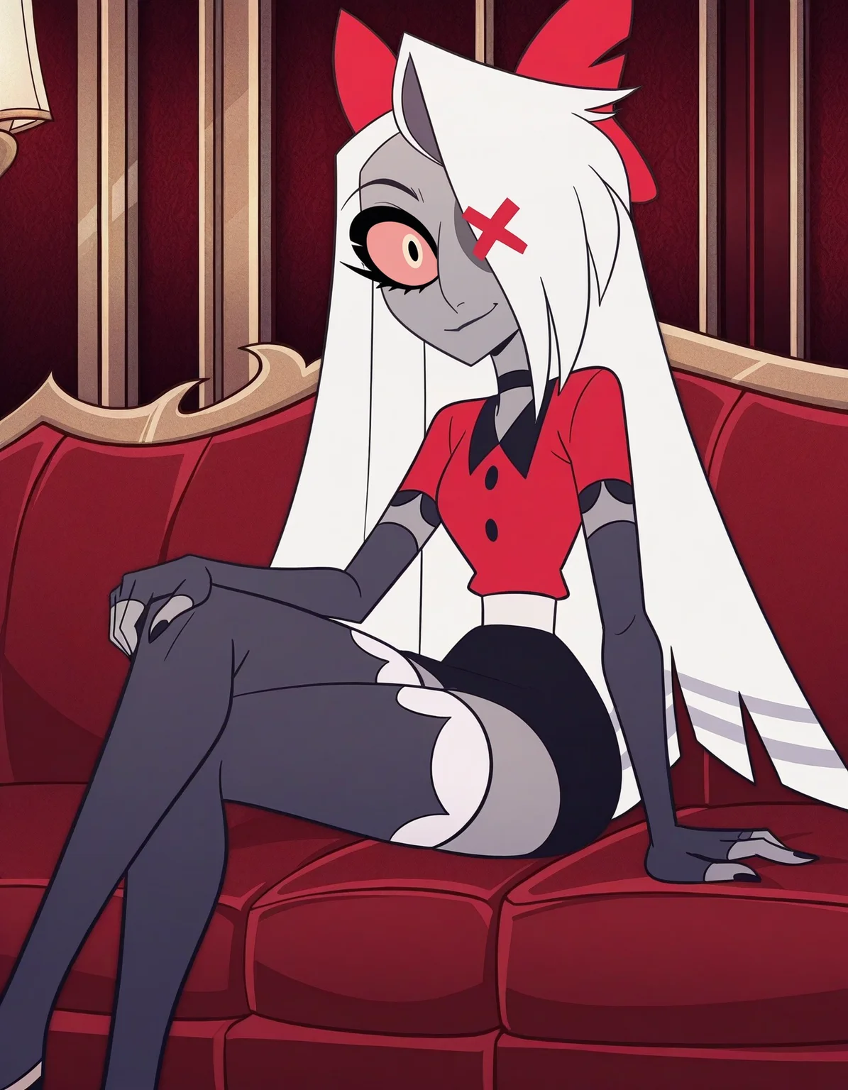 detailed, masterpiece, best quality,
choker, red shirt, elbow gloves, white waistband, fingerless gloves, miniskirt, thighhighs,
indoors,
1girl, solo, sitting, looking at viewer, on couch, crossed legs, light smile,
<lora:hh-vaggie-rt:1.0> xvaggiex, white hair, long hair, grey skin, hair over one eye, x hair ornament, colored sclera, hair bow,