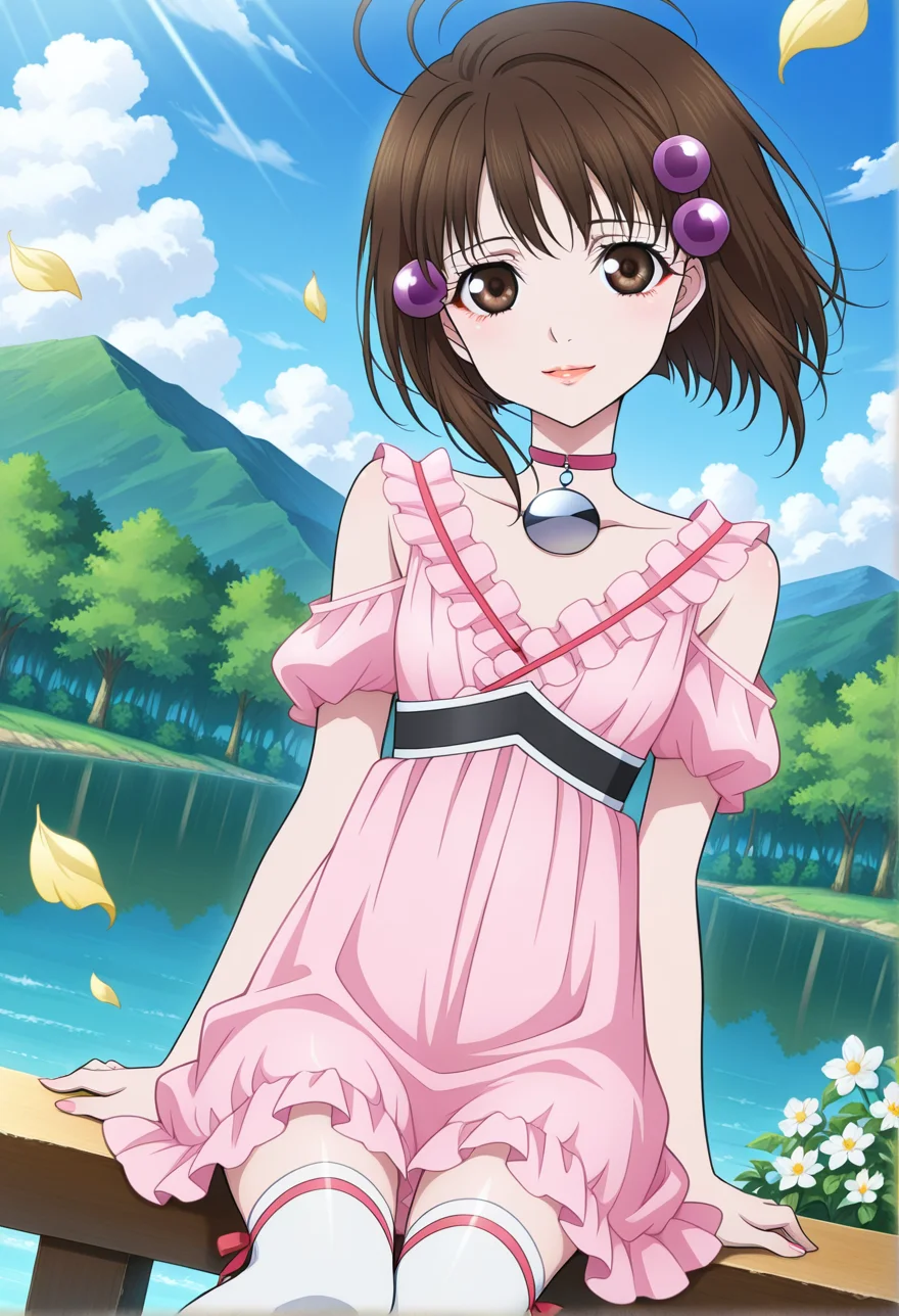 light smile, sitting, lake,
cowboy shot, dynamic angle,
BREAK,
<lora:reala_illustriousXL_v01:0.95>
realadef, brown hair, hair ornament, brown eyes, ahoge, short hair,
pendant choker, pink dress, frills, ribbon, collarbone,
white thigh highs, pink footwear,, source_anime, very aesthetic, anime coloring, masterpiece,
best quality, amazing quality, ultra detailed, very aesthetic,
detailed background,
BREAK,, forest, flowers, clouds, day, floating leaves,