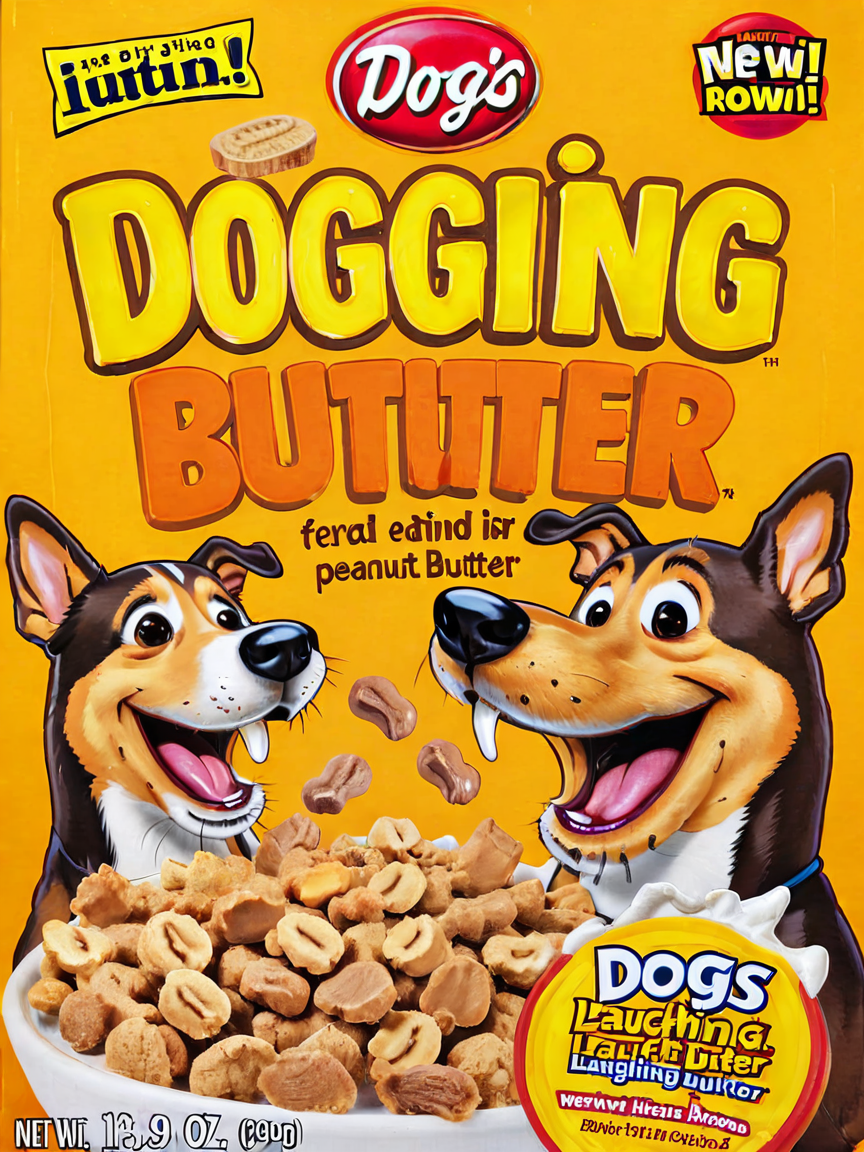 <lora:cereal_box_sdxl_v1:1> dogs eating peanut butter, laughing