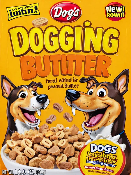 <lora:cereal_box_sdxl_v1:1> dogs eating peanut butter, laughing