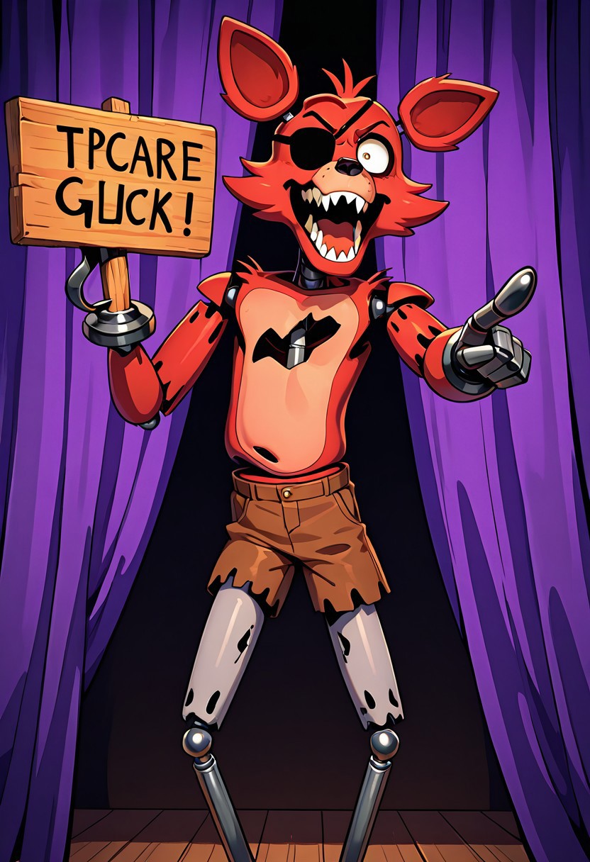 masterpiece, best quality, amazing quality, very aesthetic, absurdres, newest, detailed background, foreground blur, (( cartoon )),
foxy, animal ears, 1boy, solo, sharp teeth, eyepatch, pirate hook,  joints, animatronic, brown ripped shorts, , grey legs, thin legs,
mad, angry, holding wooden sign, pointing at sign, behind purple curtains,