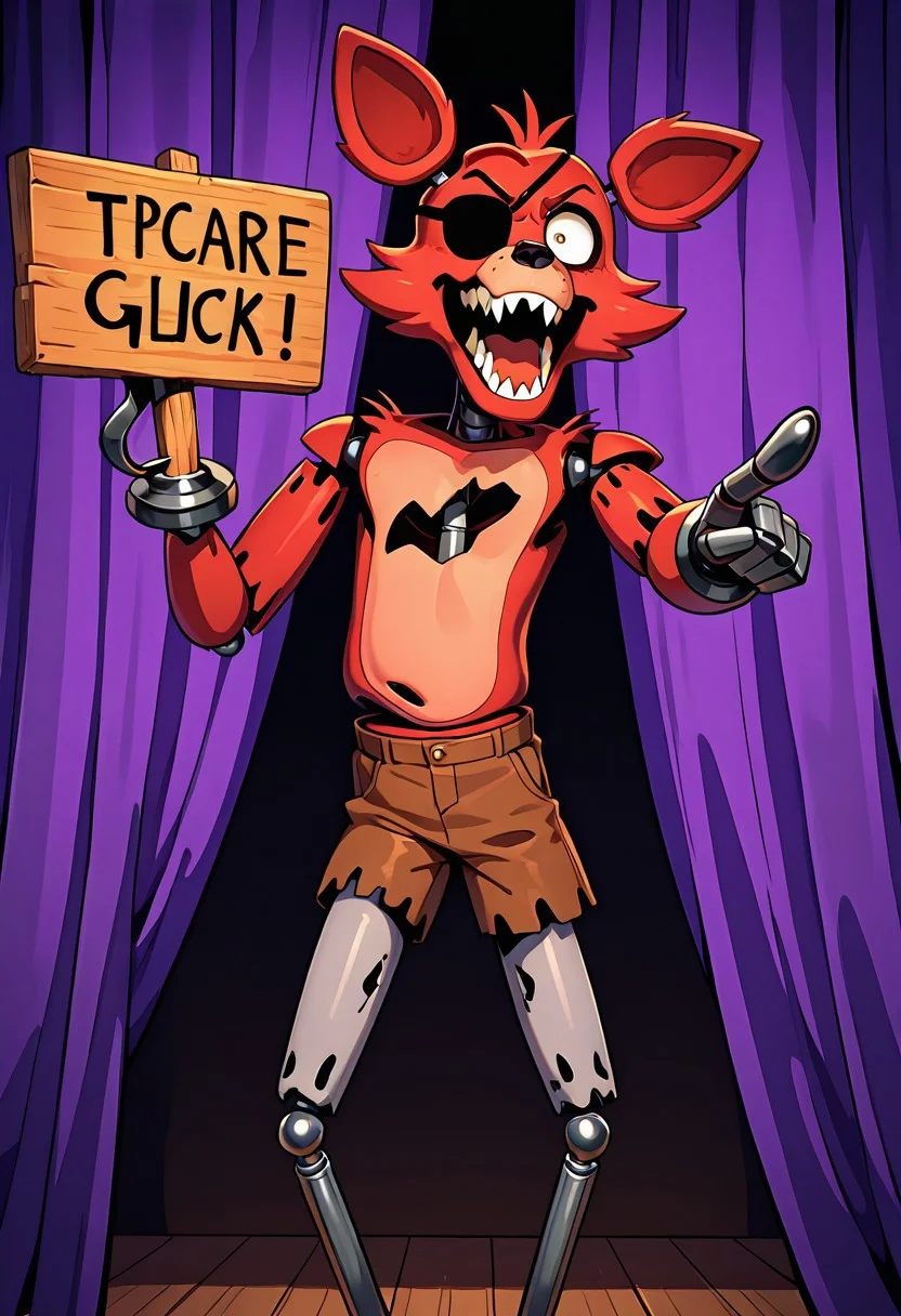 masterpiece, best quality, amazing quality, very aesthetic, absurdres, newest, detailed background, foreground blur, (( cartoon )),
foxy, animal ears, 1boy, solo, sharp teeth, eyepatch, pirate hook, joints, animatronic, brown ripped shorts, , grey legs, thin legs,
mad, angry, holding wooden sign, pointing at sign, behind purple curtains,