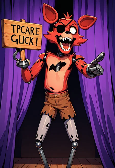 masterpiece, best quality, amazing quality, very aesthetic, absurdres, newest, detailed background, foreground blur, (( cartoon )),
foxy, animal ears, 1boy, solo, sharp teeth, eyepatch, pirate hook,  joints, animatronic, brown ripped shorts, , grey legs, thin legs,
mad, angry, holding wooden sign, pointing at sign, behind purple curtains,
