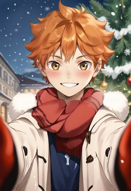 Score_9,score_8_up,score_7_up, Highly detailed, masterpiece, high quality, beautiful, high resolution, good details, 1boy, 1boy, sexy (cute petite boy), source_anime,
skinny, aged down, petite, young,
Hinata Shoyo, orange hair, volleyball uniform
,, <lora:pov-cheek-warming-ponyxl-lora-nochekaiser:1>, pov cheek warming, pov cheek warming (meme), winter gloves, duffel coat, fur-trimmed scarf, winter clothes, red mittens, meme, winter coat, scarf, fur-trimmed coat, reaching towards viewer, reaching, mittens, fur-trimmed hood, coat, open coat, scarf, coat, gloves, snowing, pov, fur trim, depth of field, smile, blush,, christmas, christmas tree, christmas lights,,