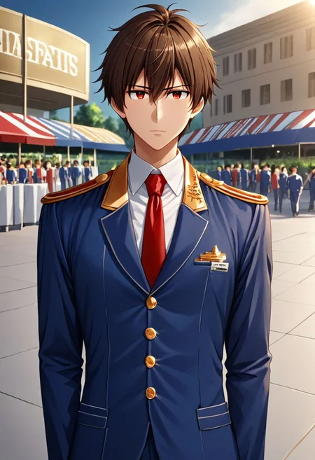 high resolution, solo, best quality, 1Boy, Seiya Kanie, Brownish Hair, Manager, Wihite Shirt, Blue Jacket, theme park, gold aiguillettes, red tie, OverallDetail