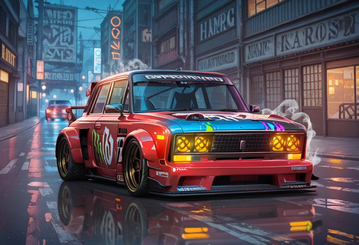 masterpiece, best quality, Graphic Design, color art, vibrant colors, colorful, intricate details, high contrast, detailed background, beautiful detailed, beautiful face, detailed eyes, detailed face, new, newest, no humans, vehicle focus, zh1g4, car, street, red car, stance (vehicle), spoiler (automobile), street, neon, sports car, drifting,
tire smoke, anime,