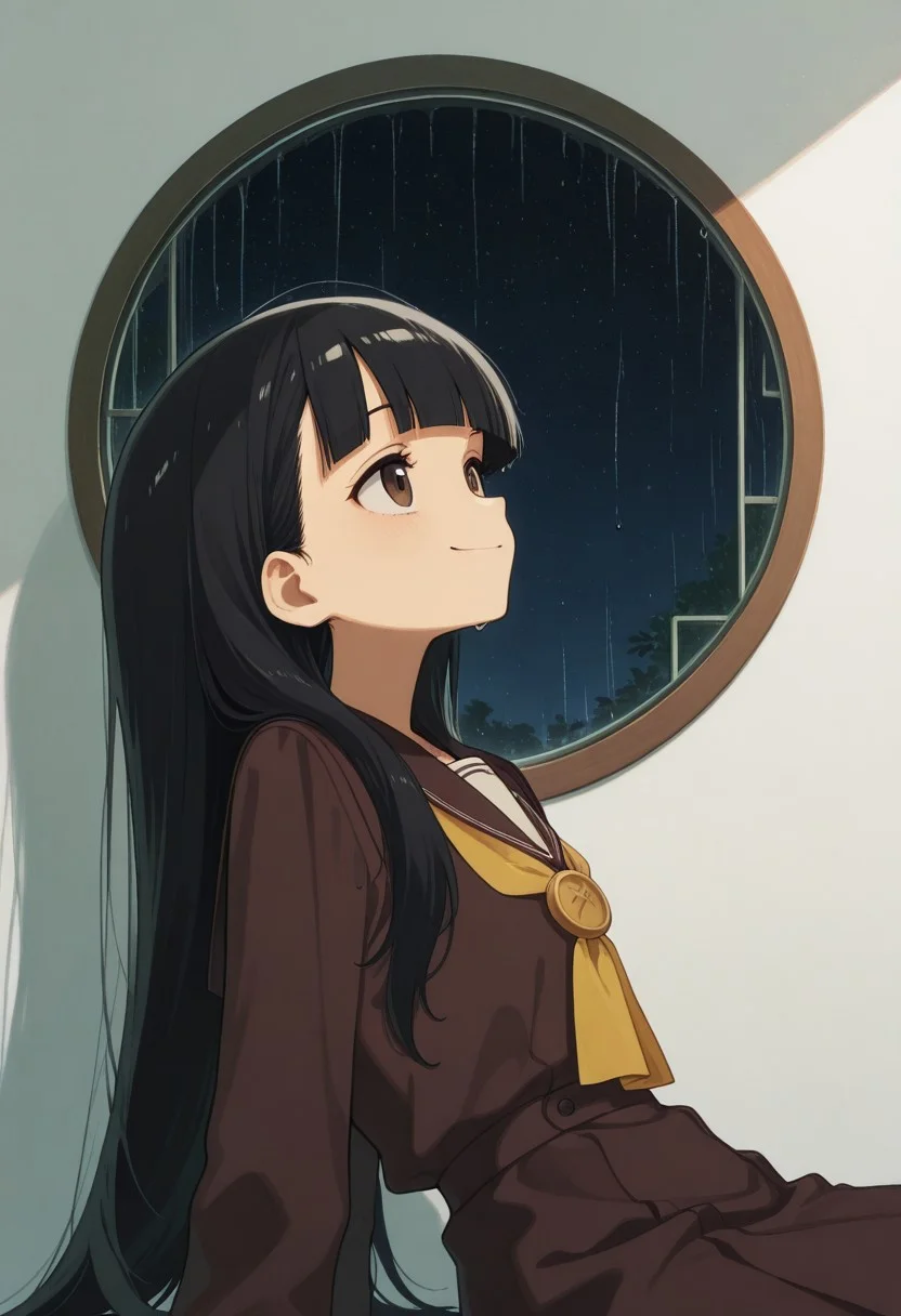 masterpiece, very aesthetic, absurdres, best quality, 1girl,solo, abstract, nukumizu kaju, black hair, long hair, blunt bangs, brown eyes, school uniform, serafuku, yellow neckerchief, brown dress, long sleeves, sitting, starry sky, k4_illu, laugh, smile, upper body, leaning back, looking away, cowboy shot, rain, circle window, from side,