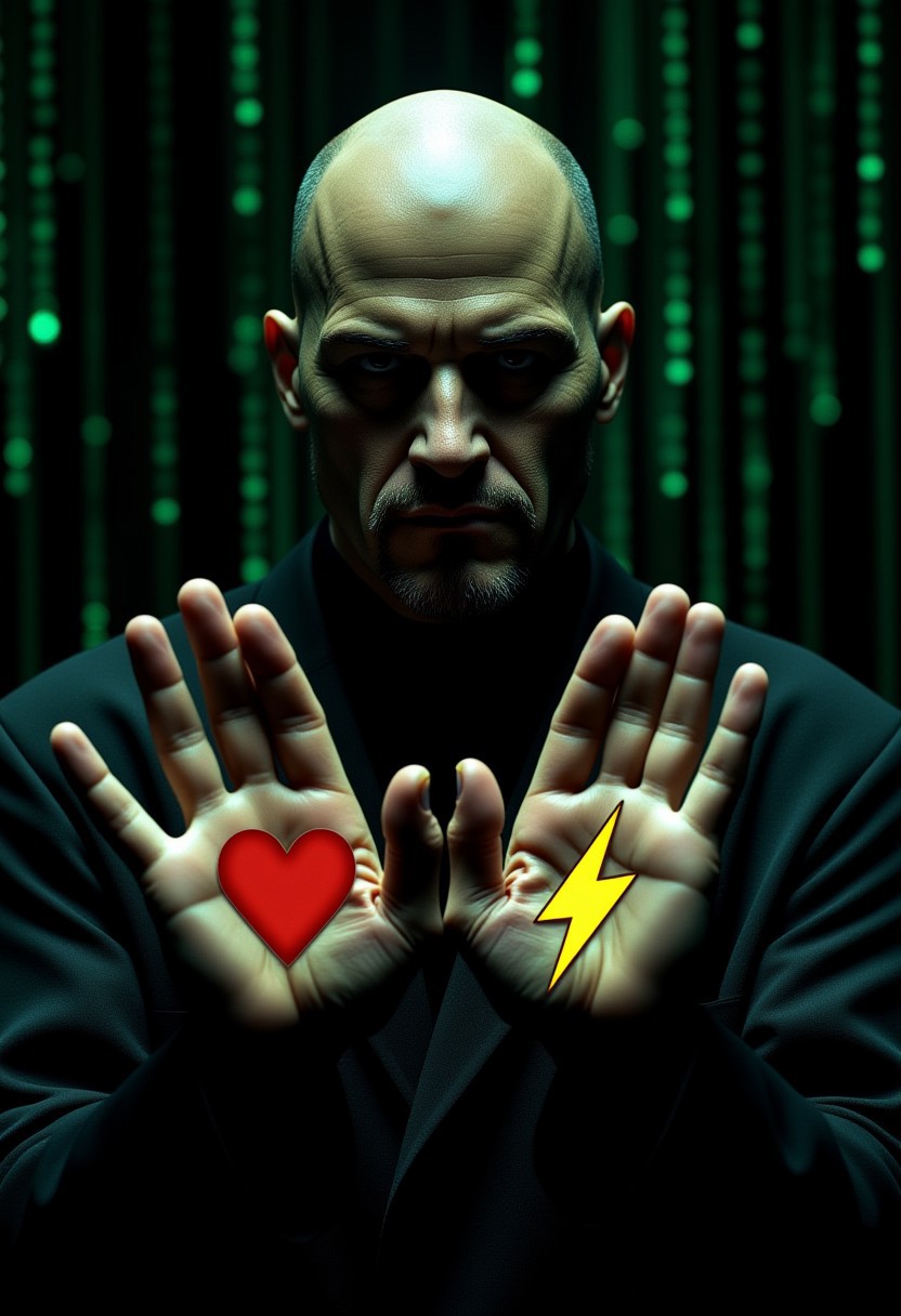 The image shows Morpheus from Matrix showing his palms facing upside down, each holding a symbol, the left hand holds a larger red heart symbol, while the right holds a larger yellow thunder symbol, the scene is set against a dark background, with dim lighting accentuating the contrast and texture of the hands and symbols, aidmamj6.1, the matrix style