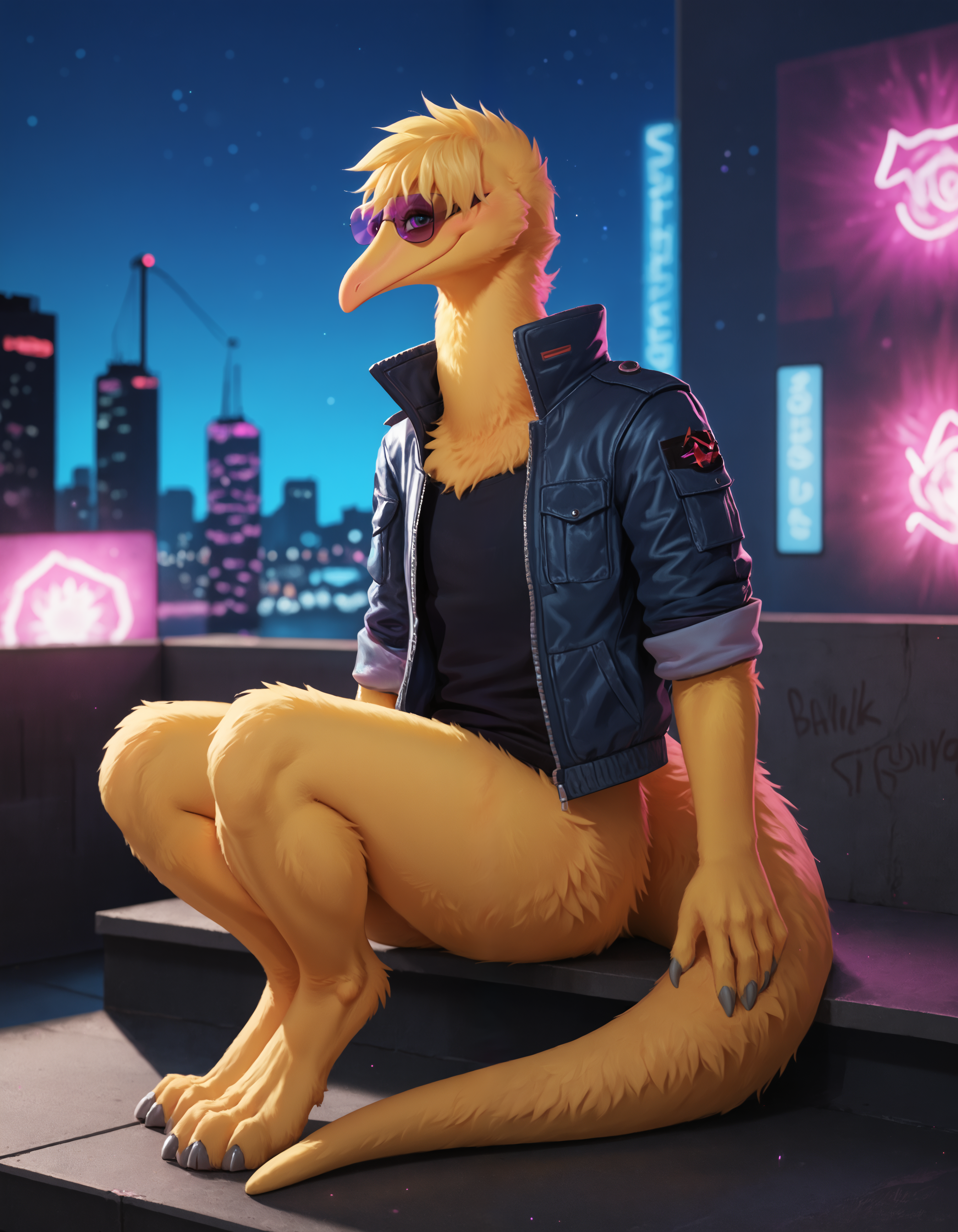 score_9, score_8_up, score_7_up BREAK rating_safe, source_furry, detailed, depth of field, detailed background, cinematic lighting, particles, decals, masterpiece, best quality, perfect eyes, <lora:sinfully_stylish_SDXL.safetensors:0.95>,  embedding:zPDXL3, anthro, <lora:squirmle2.safetensors:1.0>, squirmle, worm, creature, noseless, long muzzle, solo, anthro, body fur, clothed, long tapering tail, digitigrade, barefoot, biped, two-tone fur, slim body, (hair over eyes:1.15), big eyes, yellow fur, male focus, sexually suggestive, half updo, seductive smile, flat chest, seductive, smirk, silly, blep, neon lighting, dark, night, grey claws, tuft, open eyes, sunglasses, jacket, leeves are rolled up, lotus pose, rised tail,  (detailed background:1.25), sitting on edge, outdoor, starly sky, highest skyscrapers on the roof, roof, blurry background, neon signs, cyberpunk, streets illuminated by neon lights, night, cyberpunk cityscape, clothed, no human, action pose, cybernetic samurai, high-tech clothing, glowing high-tech armor, on the edge, Dangling his legs from the roof