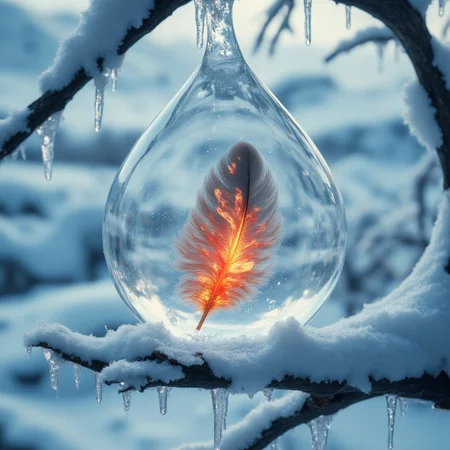 Improved cinematic photo, 35mm photograph, film, professional, 4k, highly detailed, aidmaMJ6.1,
A frozen droplet encasing a fiery phoenix feather,
The droplet is a smooth, perfectly rounded sphere of ice, with faint frost patterns spreading across its surface like delicate lace. Inside the droplet, a single phoenix feather is suspended in mid-air, glowing with vibrant hues of red, orange, and gold, as though it’s aflame. Tiny embers seem to spark and flicker from the feather, their light softly illuminating the icy interior of the droplet.
The surface of the ice droplet glistens under a cold, pale light, reflecting the surrounding environment, which hints at a stark, frozen tundra with snowy terrain and distant icy peaks. The contrast between the fiery, warm tones of the feather and the cold, crystalline blue of the ice creates a stunning visual tension. The droplet is perched delicately on a snow-covered branch, with tiny icicles hanging from the edges, adding to the wintry atmosphere.
The composition captures a moment of profound beauty and contradiction, evoking themes of resilience, harmony, and the coexistence of fire and ice in a surreal, magical setting.