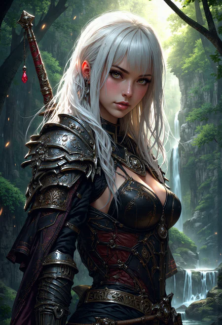 masterpiece,ultra-detailed,best quality,8K, mythp0rt, 1girl, beautiful, white hair, long hair, bangs, fair skin, big breasts, leather armor, sword, forest, dappled sunlight, upper body, looking at viewer, shine, shine of steel, (by Unica Zürn:1.1) and Ingrid Endel and (Ernest Zacharevic:0.9), Oil painting, Gloomcore, landscape of a Nasty (girl:1.1) and Tropical waterfall, Stormy weather, Sketch, Evil, Cande lightsoft bounced lighting, perspective, Fujicolor, Zentangle<lora:FLUX\FLUX Image Upgrader.safetensors:1.0:1.0> <lora:FLUX\Velvet's Mythic Fantasy Styles Flux.safetensors:0.8:0.8> <lora:FLUX\XLabs Flux Realism LoRA.safetensors:0.8:0.8>