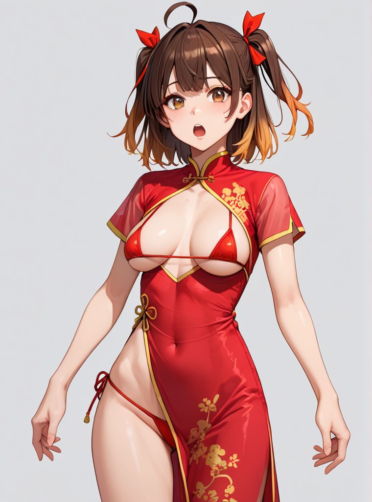 score_9,score_8_up,score_7_up, , source anime, 1girl, ahoge, bikini, bikini under clothes, breasts, breasts apart, brown eyes, brown hair, china dress, chinese clothes, cowboy shot, dress, gradient hair, hair ribbon, looking at viewer, medium breasts, medium hair, micro bikini, multicolored hair, open mouth, red bikini, red dress, ribbon, see-through clothes, short sleeves, side slit, simple background, solo, standing, swimsuit, two side up, white background