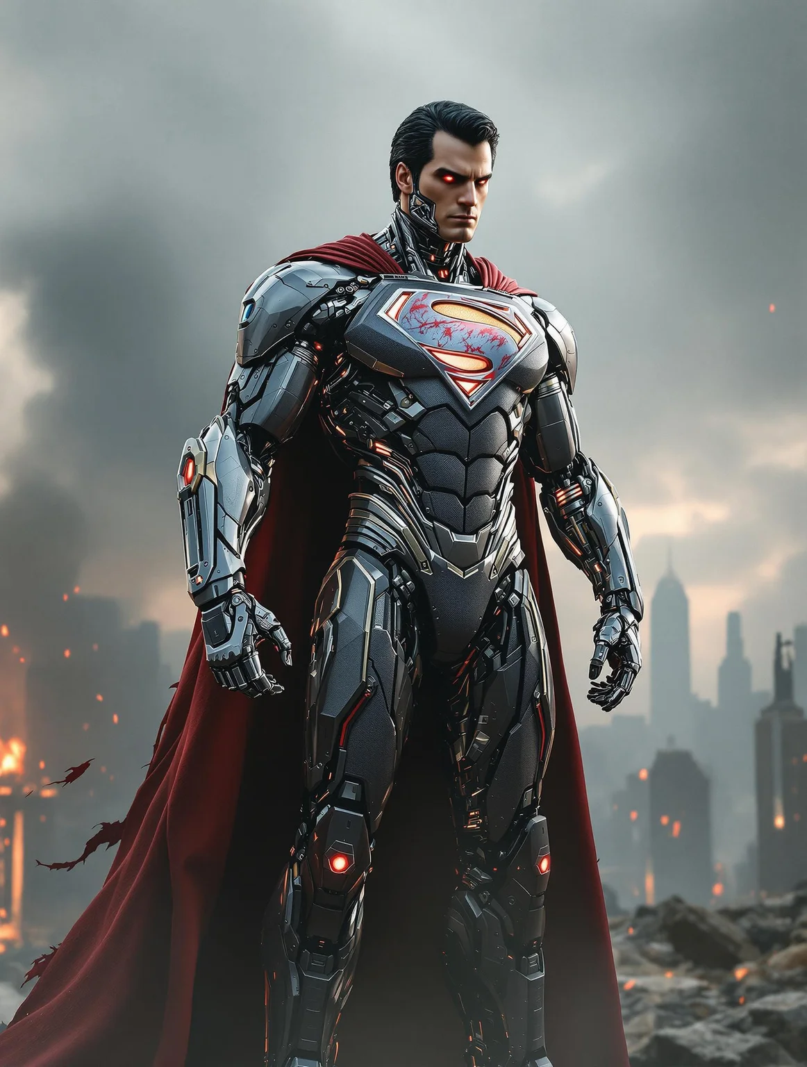 full body portrait of an ultra realistic cyborg Superman standing tall on top of a destroyed building, heroic and imposing pose, half of his face is robotic with exposed chrome plating, intricate circuits and a glowing red eye, one muscular arm fully mechanical with hydraulic pistons and detailed titanium components, the other arm holding a tattered and scorched red flag with the damaged Superman logo flapping in the wind, the 3D metallic emblem on his chest glows softly with internal LEDs, his cape flows dramatically, torn and burnt at the edges, enhanced alien-tech armor fused with cybernetic plating covering his body, wires and glowing veins run under his synthetic skin, cinematic lighting with backlight rays cutting through smoke, embers floating in the air, post-apocalyptic ruined city skyline behind him, sharp focus, ultra-detailed textures on both metal and skin, 8K resolution, cinematic concept art, epic tone, highly stylized photorealism