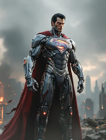 full body portrait of an ultra realistic cyborg Superman standing tall on top of a destroyed building, heroic and imposing pose, half of his face is robotic with exposed chrome plating, intricate circuits and a glowing red eye, one muscular arm fully mechanical with hydraulic pistons and detailed titanium components, the other arm holding a tattered and scorched red flag with the damaged Superman logo flapping in the wind, the 3D metallic emblem on his chest glows softly with internal LEDs, his cape flows dramatically, torn and burnt at the edges, enhanced alien-tech armor fused with cybernetic plating covering his body, wires and glowing veins run under his synthetic skin, cinematic lighting with backlight rays cutting through smoke, embers floating in the air, post-apocalyptic ruined city skyline behind him, sharp focus, ultra-detailed textures on both metal and skin, 8K resolution, cinematic concept art, epic tone, highly stylized photorealism