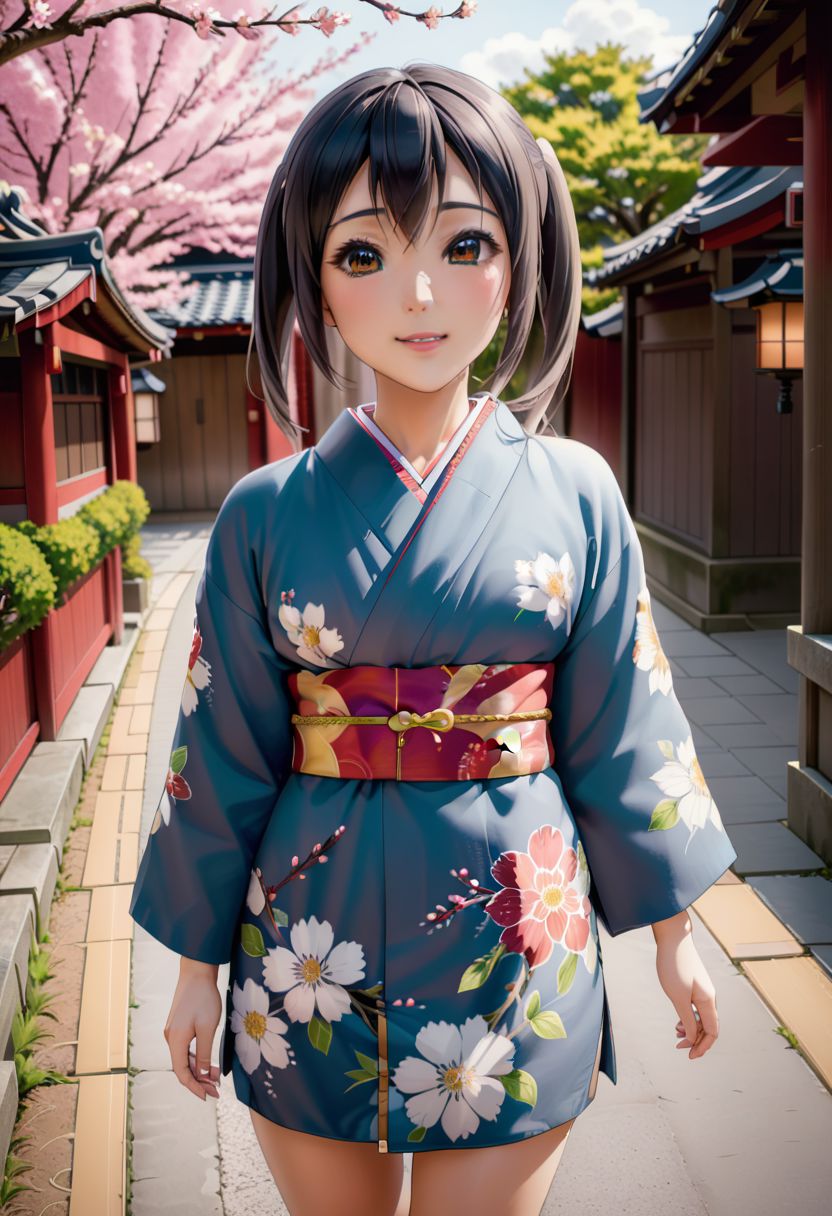 wide angle shot, 1 girl, nakano azusa, fully clothed, colourful kimono with flowers design, perfect face, black eyes, black hair, show top of head, pigtails hair, blushing, smiling, outside, in the street of old japanese city, small breasts, sakura tress in bloom everywhere, <lora:azusa_xl_rev3:0>, <lora:add-detail-xl:1>, OverallDetail, fFaceDetail, EyeDetail, Painstaking Attention To Details, art by mooncryptowow,