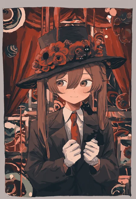 masterpiece, best quality, newest, absurdres, highres, very awa, abstract, liquid, circles, no lineart, sketch, solo, gloves, necktie, hat, flower, red necktie, shirt, red flower, twintails, cat, long hair, 1girl, white gloves, collared shirt, black cat, curtains, upper body, adjusting gloves, jacket, white shirt, brown hair, smile, hair between eyes, long sleeves, black headwear, black jacket, suit, adjusting clothes, hat flower, closed mouth, brown eyes, formal, blush, photo \(object\), picture frame, looking to the side, red theme, bug, suit jacket, red curtains, Profile