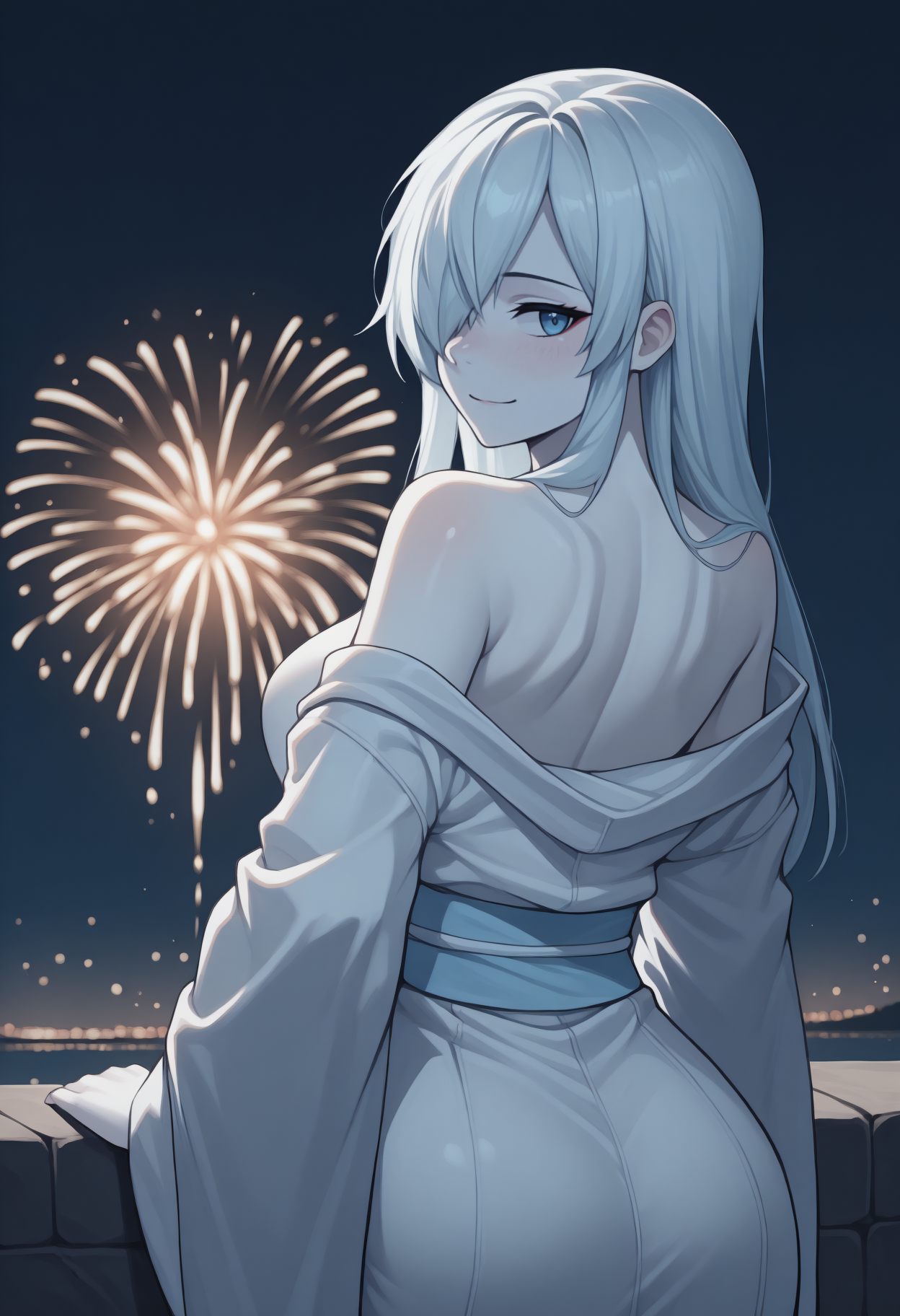 anime, masterpiece, best quality, <break> from behind, solo, 1girl, ull96, white skin, slight smile, closed mouth, looking back, long hair, white hair, hair over one eye, blue eyes, japanese clothes, white kimono, off shoulder, light blue sash, bare shoulders, outdoors, night, fireworks
<segment:yolo-Anzhc Face seg 640 v2 y8n.pt,0.4,0.5//cid=1>