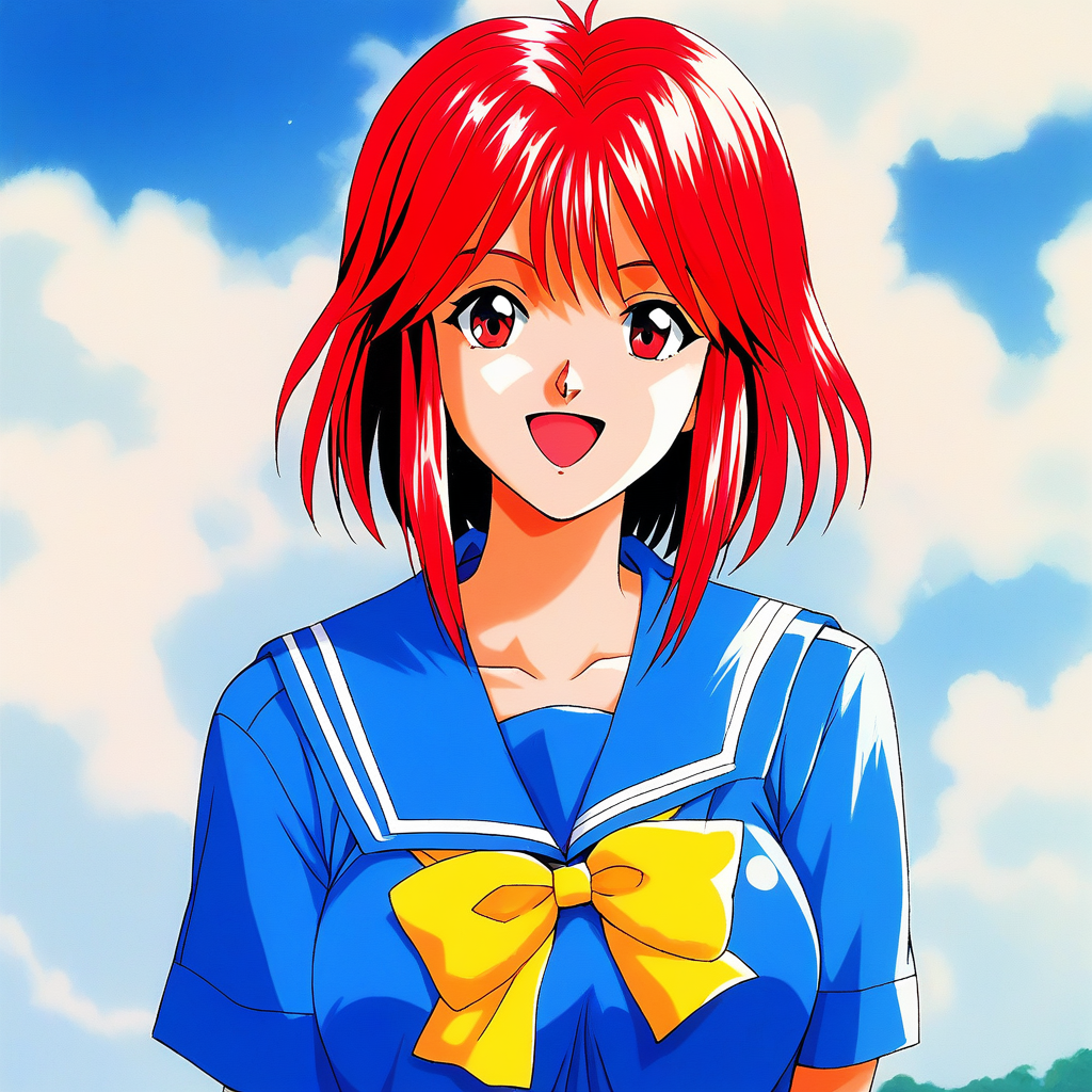 score_9, score_8_up, score_7_up, source_anime, rating_explicit, BREAK  <lora:Asahina_Yuko_XL:1> AsahinaYuko, red hair, medium hair, red eyes, bangs, sidelocks, breasts,
1girl, solo, school uniform, open mouth, smile, looking at viewer, transparent background, serafuku, sailor collar, portrait, blue sailor collar, 1990s (style), yellow bow, 
looking at viewer,  shirt, blue shirt,
outdoor, day, sky,