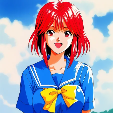 score_9, score_8_up, score_7_up, source_anime, rating_explicit, BREAK  <lora:Asahina_Yuko_XL:1> AsahinaYuko, red hair, medium hair, red eyes, bangs, sidelocks, breasts,
1girl, solo, school uniform, open mouth, smile, looking at viewer, transparent background, serafuku, sailor collar, portrait, blue sailor collar, 1990s (style), yellow bow, 
looking at viewer,  shirt, blue shirt,
outdoor, day, sky,