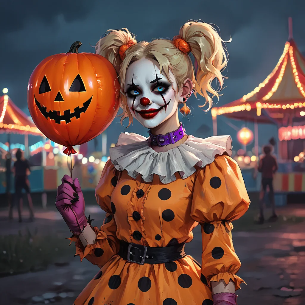 score_9,score_8_up,score_7_up,
<lora:halloween_clothing-pony-8:0.6>
a close up face portrait of a creepy Halloween clown standing in a dimly lit carnival at night, holding a bright red balloon with a sinister jack-o'-lantern face on it. The clown wears an old, tattered orange dress with large black polka dots, a dirty frilly purple collar. She has wild, blonde hair tied into twin tails, with piercing blue eyes that glint with a menacing intensity. Her face is painted with a white base, exaggerated red lips, and eerie black makeup around her eyes, giving her a wicked smile. The carnival lights flicker in the background, casting a spooky, neon glow over the scene, with reflections glimmering on the wet ground,