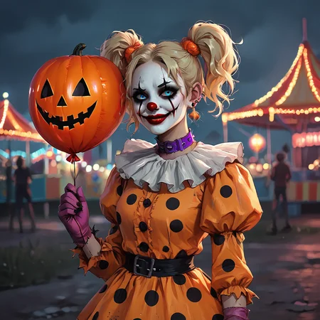 score_9,score_8_up,score_7_up,
 <lora:halloween_clothing-pony-8:0.6>
a close up face portrait of a  creepy Halloween clown standing in a dimly lit carnival at night, holding a bright red balloon with a sinister jack-o'-lantern face on it. The clown wears an old, tattered orange dress with large black polka dots, a dirty frilly purple collar. She has wild, blonde hair tied into twin tails, with piercing blue eyes that glint with a menacing intensity. Her face is painted with a white base, exaggerated red lips, and eerie black makeup around her eyes, giving her a wicked smile. The carnival lights flicker in the background, casting a spooky, neon glow over the scene, with reflections glimmering on the wet ground,