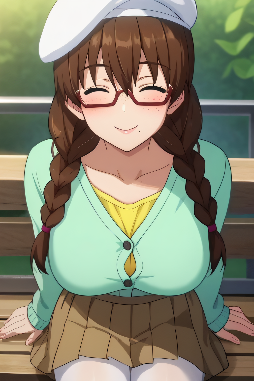 score_9, score_8_up, score_7_up, source_anime, rating_safe, intricate details, anime screencap, 1girl, solo, <lora:Sakurai_Erika:1>, sakuraierika, brown hair, closed eyes, mole under mouth, freckles, red-framed eyewear, twinbraids, glasses, large breasts, collarbone, white beret, lemon green cardigan, unbuttoned, yellow shirt, brown skirt, pleated skirt, white pantyhose, looking at viewer, cowboy shot, outdoor, sitting on bench, from above, smile, blush