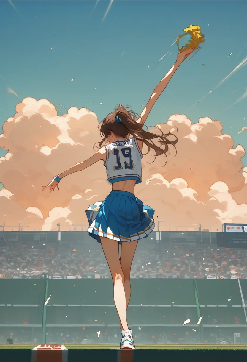 score_9, score_8_up, score_7_up, score_6_up, score_5_up, score_4_up, source_anime, 1girl, solo, 18yo, (slim face:1.5), (bangs:1.2), skinny, thin body, wide hips, thin thighs,
<lora:age_slider_v4:2> <lora:Expressive_H:1><lora:Kenva:0.8> <lora:naipf:0.6>.
portrait,
(from behind:1.5),
from below,
smile, teeth, skirt, dancing, brown hair, ponytail, topknot, cheerleader, day, baseball stadium, Green lawn, blue sky, cloud,