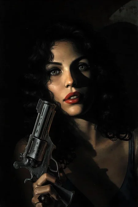 juangimenez1 illustration.
a mysterious woman with dark, wavy hair and piercing eyes stands in the shadows of a dimly lit room. She is holding a small revolver with a delicate yet firm grip. Her red lipstick is the only color that stands out in the darkness, her intentions unclear but dangerous. <lora:juangimenez1_cap_d8a4e12:1.0><lora:857661318453273843:0>