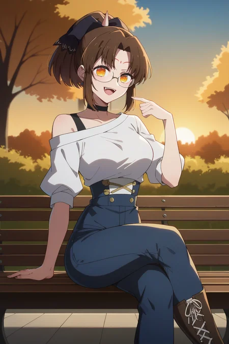 score_9, score_8_up, score_7_up, 1girl, prefect lighting, very aesthetic, intricate details, highly detailed background, masterpiece, high quality, prefect hands, best quality, solo,
<lora:Kana_Arima_Tsurugi_Oshi_No_Ko_V1:.85>, kjotsurugi, brown hair, orange eyes, forehead mark, parted bangs, single horn, ponytail, hair bow,
high waist blue jean, white shirt, off shoulder, black choker, glasses,
sitting on bench, crossed legs, smug, hand up, open mouth, fangs,
park, sunset,
(Beautiful, medium Breasts:1.2), natural breasts,