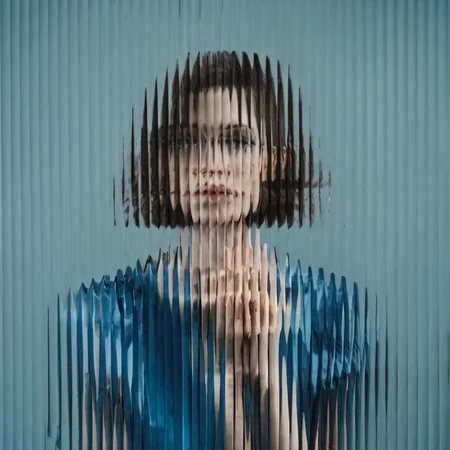 <lora:SDXL_Textured_glass_Test_Sa_May:1> a woman, blue dress, curved glass, textured glass, fluted glass