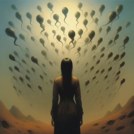 woman surrounded by a group of sperm spermazoid gametes, surrealistic, by beksinski<lora:gametes :1>