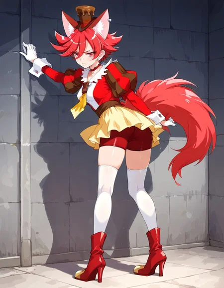 score_9, score_8_up, score_7_up,  <lora:sdxl_lightning_8step_lora:1> BREAK 
source_anime, best quality, masterpiece,rating_safe <lora:Copics_v2:0.3:lbw=1,1,1,0,0,0,1,1,1,1,1,1> BREAK , 
1girl,solo, BREAK ,
<lora:curechoco_nrm_pony:0.9:lbw=1,1,1,1,1,1,1,1,1,0,0,0> curechoco_nrm, cure chocolat, cure chocola, red eyes, red hair, short hair, spiky hair, dog ears, fluffy ears, extra ears, silver earring, choker, hat, (tomboy:1.2),
red dress, white dress, multicolored dress, puffy sleeves, long sleeves, juliet sleeves, red ribbon, yellow ascot, yellow skirt, bike shorts, red bike shorts, white thigh highs, wrist cuffs, white gloves, 
red footwear, high heels, high heeled boots,  slender, skinny, narrow waist, small waist,, big breasts,rear view, looking at viewer, looking back, disgusted , half-closed eyes,  disappointed, butt focus, leaning forward, standing, full-length portrait,