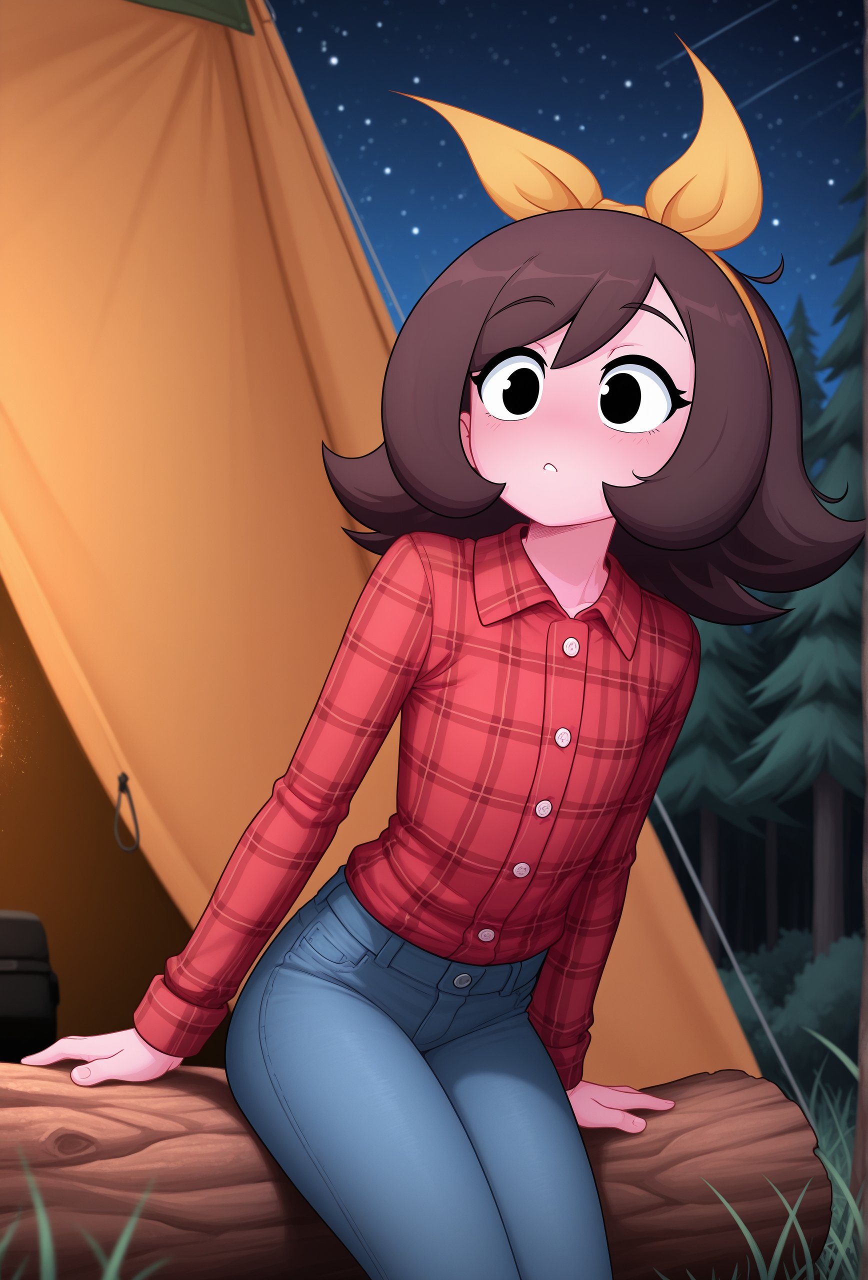 masterpiece,best quality,amazing quality, <lora:marigold_cabronpr_illustrious_v1f:0.7> marigold, 1girl, solo, hairbow, no nose, black eyes, BREAK
plaid shirt, jeans, night, starry sky, campsite, log, forest, tent, (depth of field:1.2)