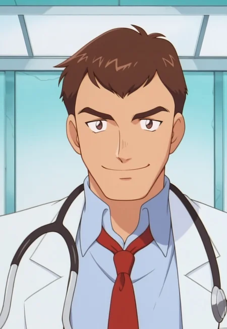 solo, masterpiece, modern, new, 1boy, male, masculine face, daddy looking face,

PokemonProctor, brown hair, labcoat, red necktie, shirt, stethoscope, looking at viewer, headshot, smiling, in center, focus