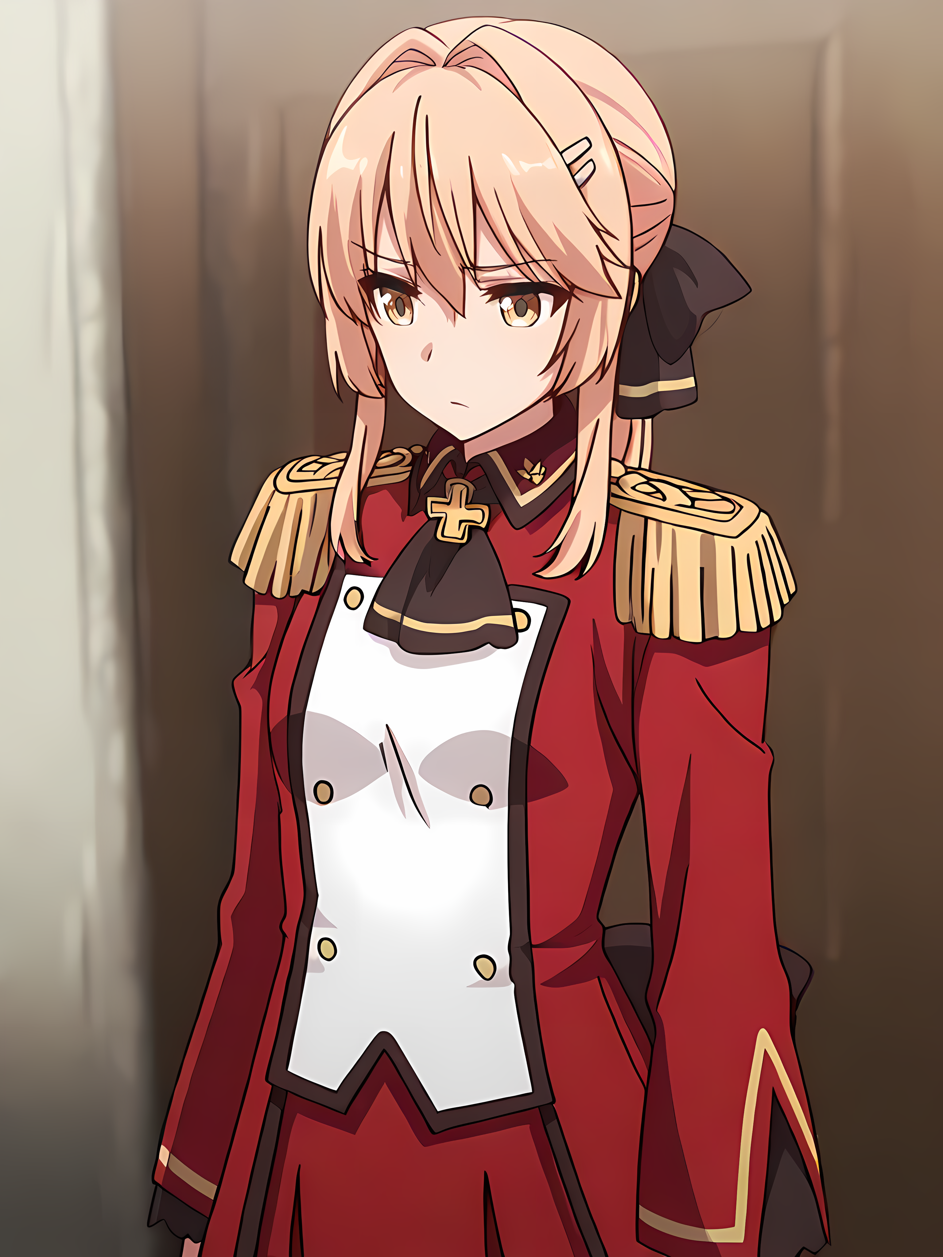 <lora:illustrious_quality_modifiers_masterpieces_v1:1> masterpiece, very aesthetic, absurdres, best quality, high quality, cinematic shadow, character focus,perfect hands,small breasts, cowboy shot, <lora:HandFixer_pdxl_Incrs_v1:1> handfixer, <lora:liscia:1>,liscia,blonde hair, bangs,hair intakes, yellow eyes, ponytail,lisciadress,military uniform, epaulettes,hairclip,cross brosch, buttons, red long sleeves, red pleated skirt,white pants,  black ribbon,hair ribbon, solo,