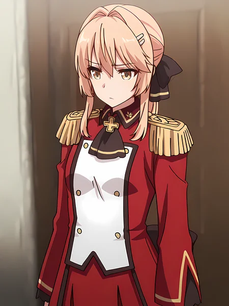 <lora:illustrious_quality_modifiers_masterpieces_v1:1> masterpiece, very aesthetic, absurdres, best quality, high quality, cinematic shadow, character focus,perfect hands,small breasts, cowboy shot, <lora:HandFixer_pdxl_Incrs_v1:1> handfixer, <lora:liscia:1>,liscia,blonde hair, bangs,hair intakes, yellow eyes, ponytail,lisciadress,military uniform, epaulettes,hairclip,cross brosch, buttons, red long sleeves, red pleated skirt,white pants, black ribbon,hair ribbon, solo,