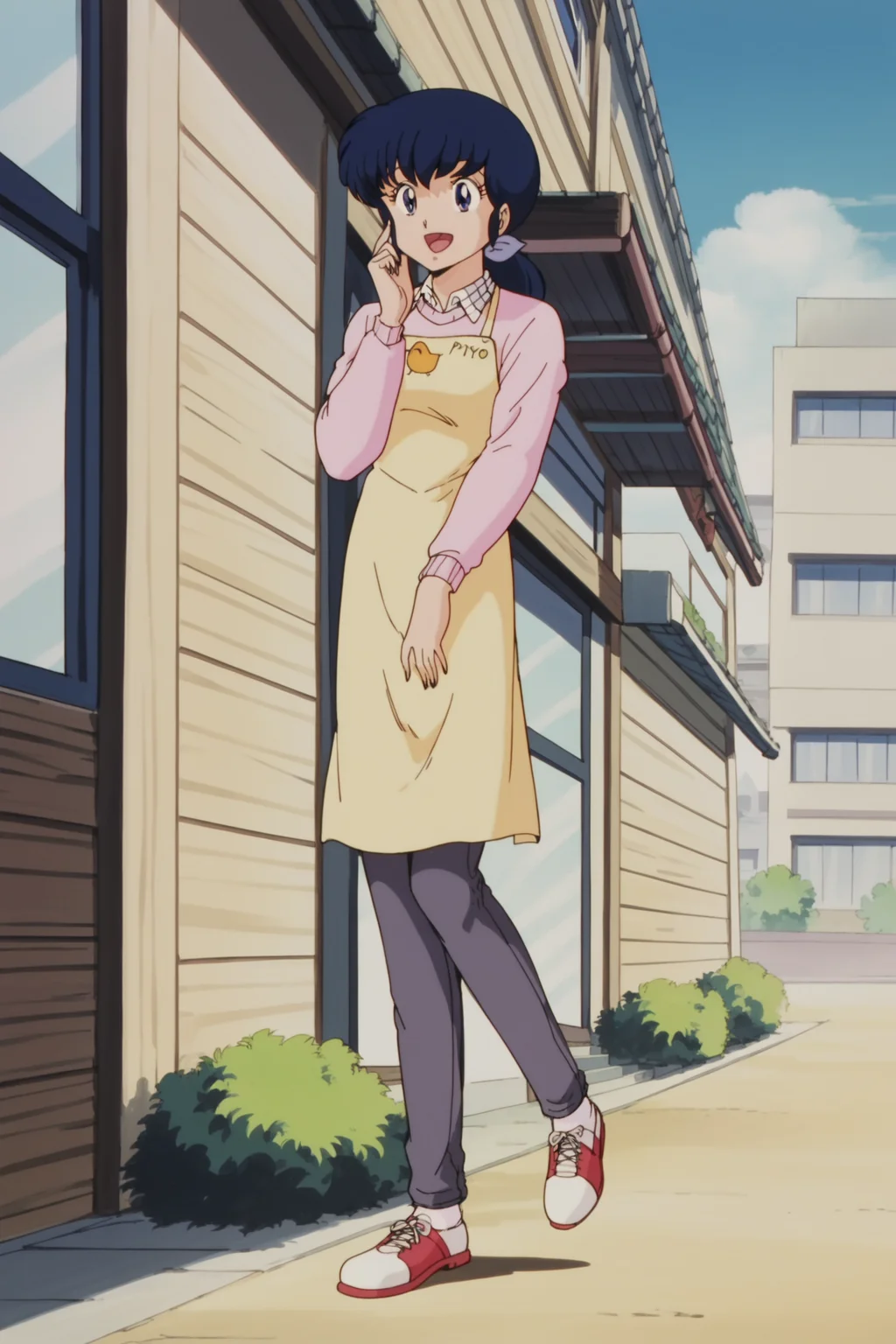score_9, score_8_up, score_7_up, anime screencap, Retro artstyle, 1980s (style),
<lora:Pony_DetailV2.0:3>
outside, next to a building,
<lora:Kyoko_Otonashi:.8>Kyoko Otonashi, blue eyes, long hair, purplish-blue hair, Kyoko piyo piyo apron with pink shirt outfit, Kyoko Otonashi, blue eyes, long hair, purplish-blue hair, sweater, long sleeves, apron, pants, denim, ponytail, socks, shoes,
full body shot, looking at the viewer, happy girl, smiling, mouth open