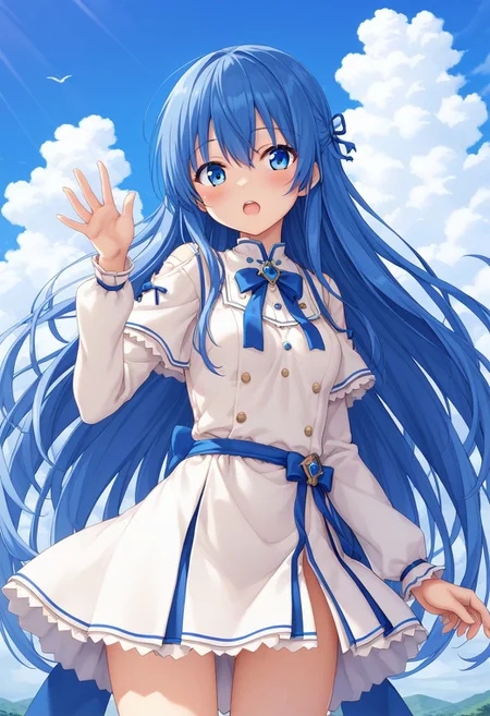 score 9, score 8 up, source anime, masterpiece, best quality, detailed eyes, detailed face, 1girl, cowboy shot, blush, open mouth, outdoors, sky,
lilinafeh, blue eyes, blue hair, long hair,