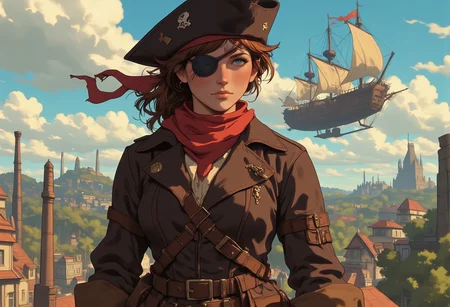 "Portrait of a steampunk air pirate, wearing a leather jacket, a belt with steam guns and a scarf fluttering in the wind. She wears an eye patch and a tricorn hat. Behind her, her pirate airship takes to the skies above an industrial city."