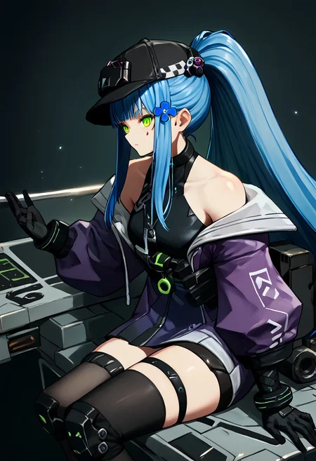 score_9, score_8_up, score_7_up, score_6_up, score_5_up, score_4_up, source_anime, solo, 1girl, 
blue hair,long hair,ponytail,bangs,hair ornament,green eyes,facial mark, 
416_def,hat,choker,[purple jacket],multicolored jacket,bare shoulders,knee pads,black thighhighs,zettai ryouiki,thigh strap,black gloves,[black shirt], 
masterpiece, best quality, very aesthetic, absurdres,
