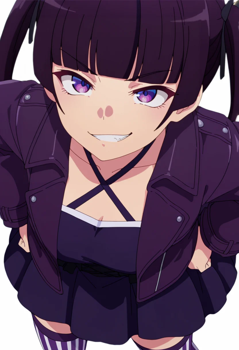 masterpiece,high quality details, absurdres,
 <lora:Mamimi:0.8>
mamimi_cnr,  1girl, black hair, long hair, twintails,blunt bangs, purple eyes,, simple background, white background, dutch angle,solo,, evil grin,frown,, looking up,one hand on hip,slight torso twist,, criss-cross halter,coat ,circle skirt,  ,vertical-striped thighhighs,