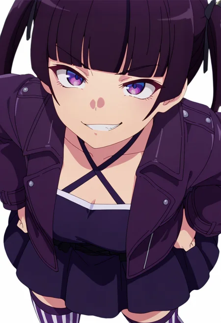 masterpiece,high quality details, absurdres,
 <lora:Mamimi:0.8>
mamimi_cnr,  1girl, black hair, long hair, twintails,blunt bangs, purple eyes,, simple background, white background, dutch angle,solo,, evil grin,frown,, looking up,one hand on hip,slight torso twist,, criss-cross halter,coat ,circle skirt,  ,vertical-striped thighhighs,