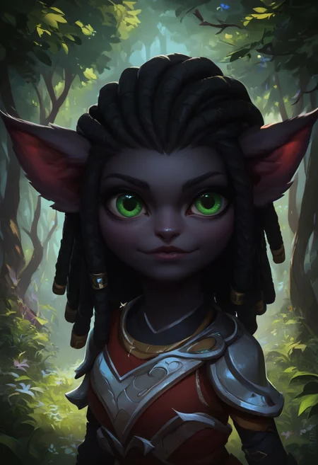 (((beautiful, hyper realistic, high quality))), portrait, score_9, score_8_up, score_7_up, realistic,
Yordle, short stature, big pointed ears, 1girl, dark fur, green eyes, black dreadlock, Fantasy clothes,
upper body, looking at the viewer, posing,
forest in the background,