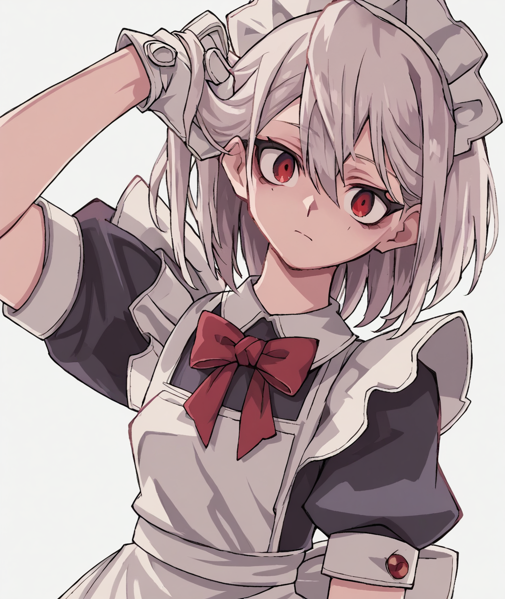 score_9, score_8_up. score_7_up,<lora:michael_jadeite:1>,michael_jadeite,
 score_9, michael_jadeite, white gloves, white apron, maid headdress, puffy short sleeves, 1girl, simple background, red bow, red eyes, white background, closed mouth, looking at viewer, black dress, puffy sleeves, hair between eyes, maid apron, hand in own hair, ribbon, red bowtie, upper body, medium hair, hand up