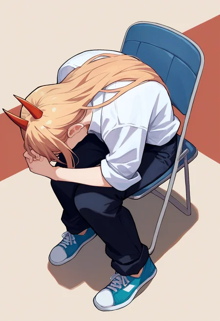 score_9, score_8_up, score_7_up, source_anime, rating_safe, solo, 1girl, power \(chainsaw man\), chainsaw man, shinjichair, sitting, head down, chair, blonde hair, horns, white shirt, sleeves rolled up, black pants, sneakers <lora:concept_shinjichair_ponyXL:1>
