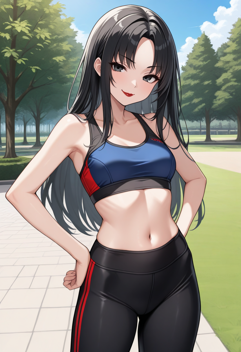 masterpiece, best quality, 1girl, solo, looking at viewer, cowboy shot, smile, park, blue sky hands on hips
red sports bra, black yoga pants
<lora:zs_RieILLU:1> r13smt, long hair, black hair, bangs, parted bangs, black eyes, eye shadow, lipstick, smug, assertive female
