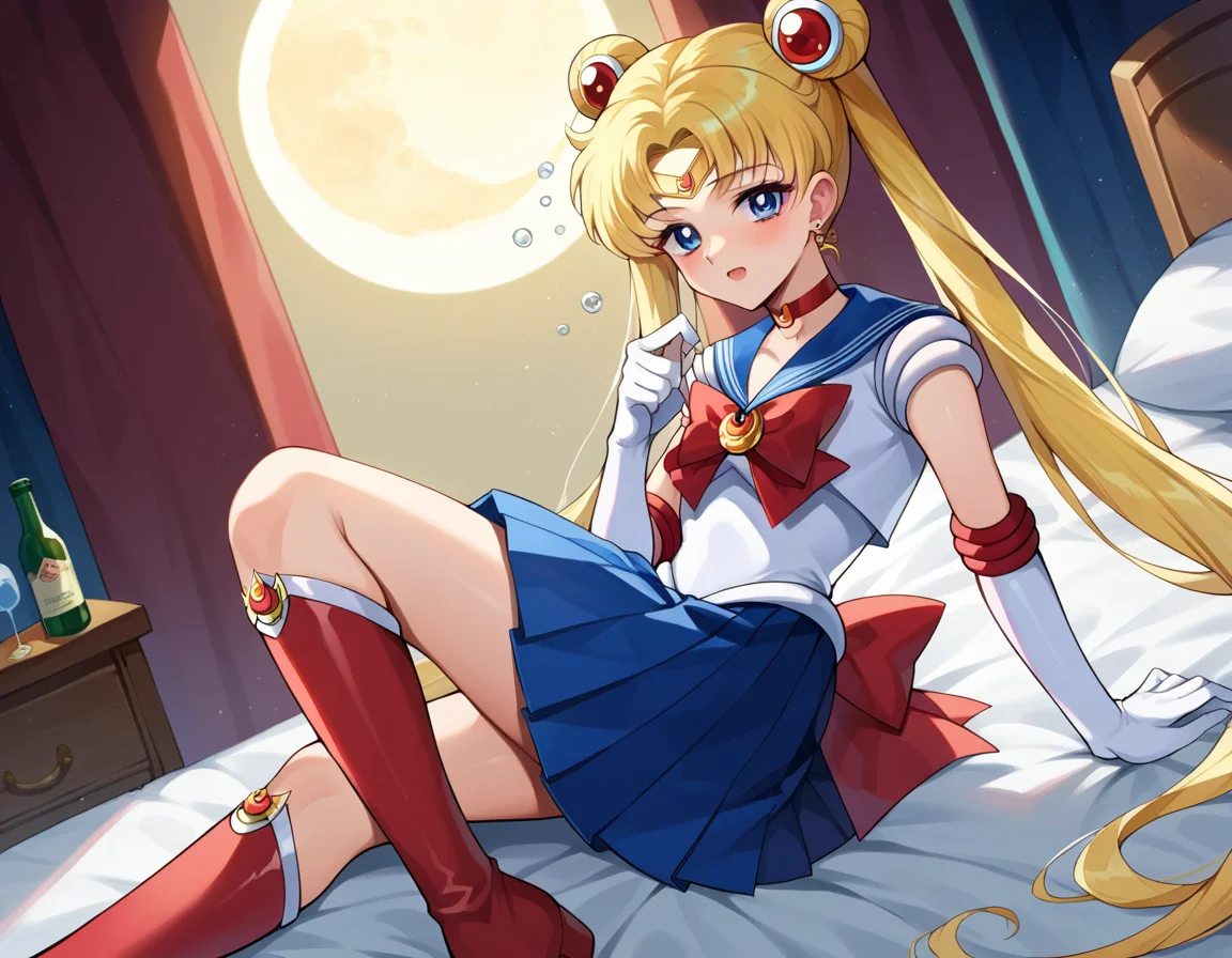 score_9, score_8_up, score_7_up, source_anime,
sailormoon, <lora:sailor-moon-ponyxl-lora-nochekaiser:1>
sailor moon, blonde hair, blue eyes, double bun, hair bun, hair ornament, long hair, twintails, circlet, parted bangs,
back bow, blue sailor collar, blue skirt, boots, bow, brooch, choker, crescent moon, elbow gloves, gloves, jewelry, knee boots, magical girl, pleated skirt, red bow, red choker, ribbon, sailor collar, sailor senshi uniform, skirt, white gloves,
indoors, bed, bed room, on side, blush, drunk,
looking at viewer, cowboy shot, dutch angle,