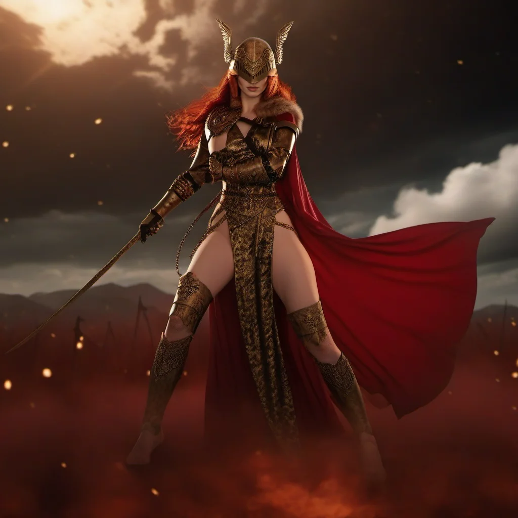 cinematic photo a woman with red hair, winged helmet,breast, sword, red cape, fantasy castle background<lora:Malenia1024:0.8> . 35mm photograph, film, bokeh, professional, 4k, highly detailed