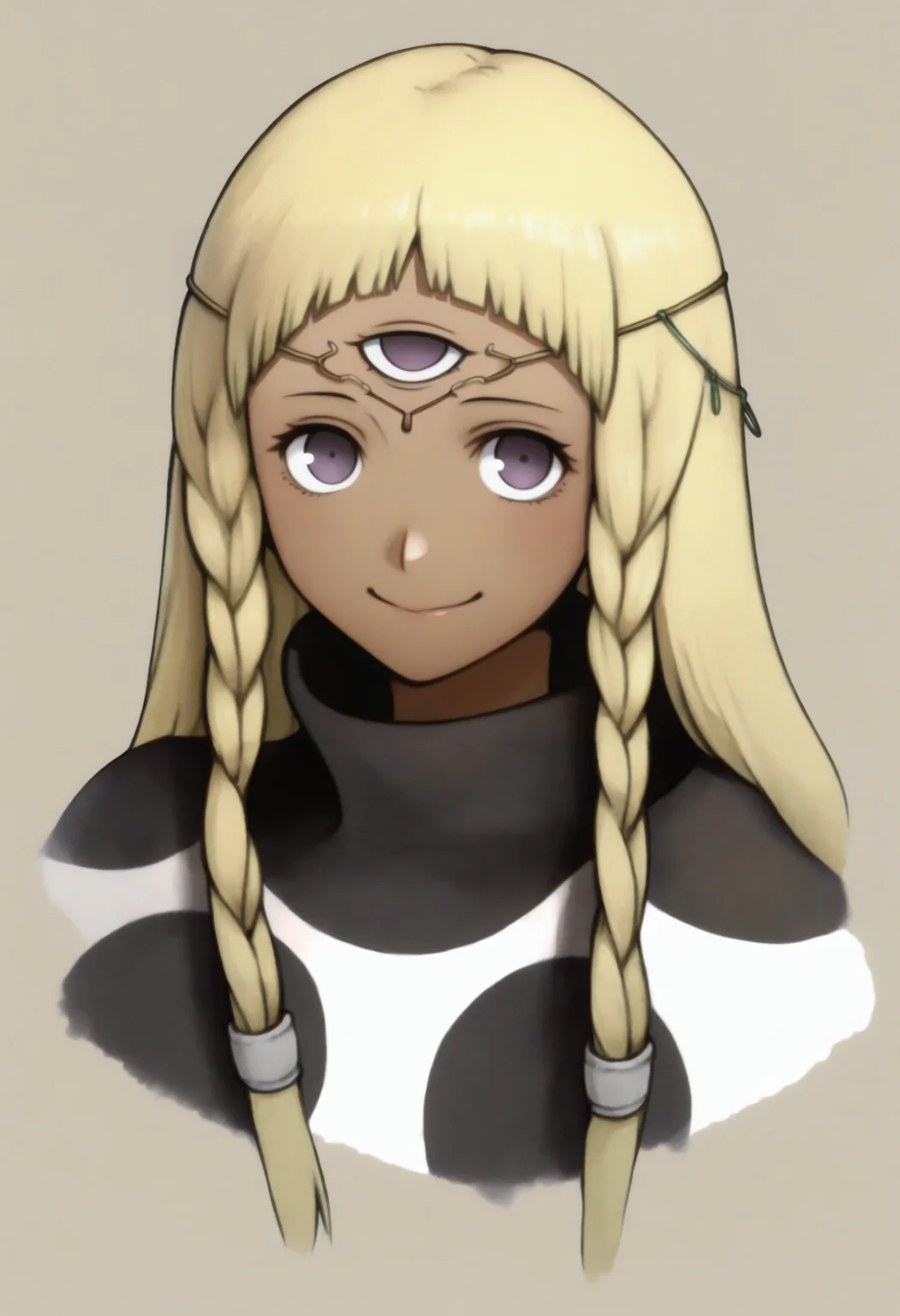 masterpiece, best quality, solo, 1girl, smile, looking at viewer, <lora:Eupha-illus_Fp:1>, 3uph@, blonde hair, long hair, blunt bangs, twin braids, purple eyes, third eye, dark-skinned female, circlet, forehead jewel, poncho, polka dot, <lora:FF7-Portraits-illus_Fp:1>, simple background, portrait, unfinished,